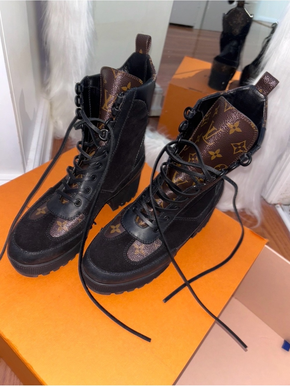 Louis Vuitton Black Suede and Brown Monogram Lace-Up Combat Boots